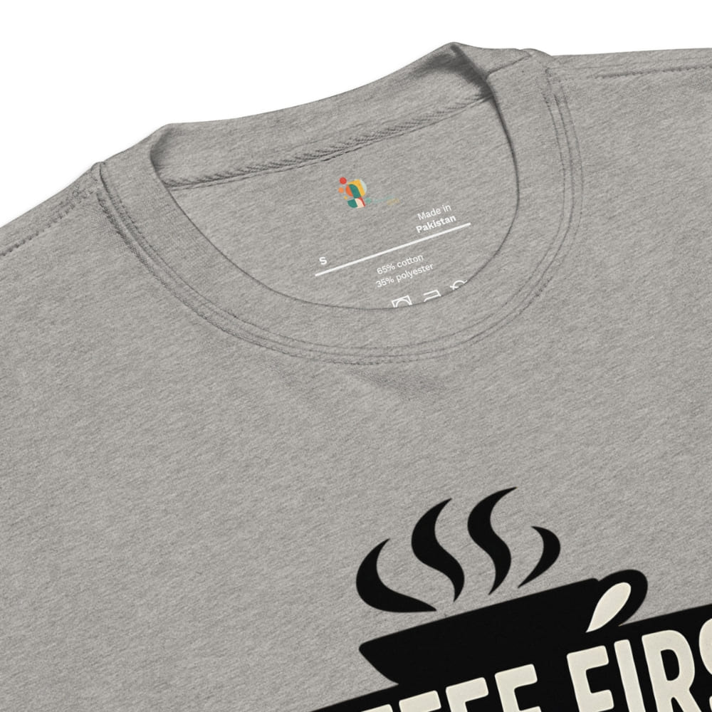 Gray t-shirt with a black coffee cup and steam design on a white background