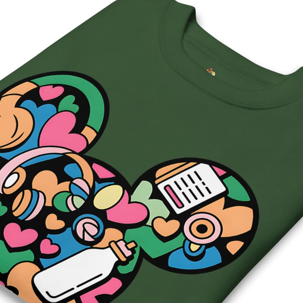 Green t-shirt with colorful graphic design featuring a bottle, hearts, and abstract shapes.