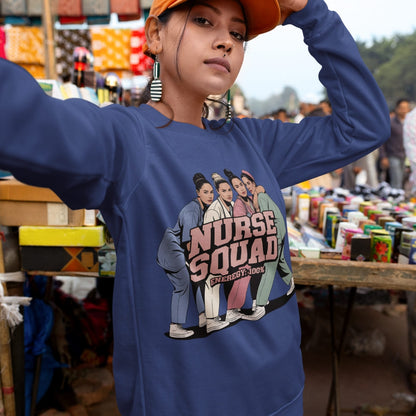 Person wearing a blue sweatshirt with 'Nurse Squad' design in an outdoor market setting