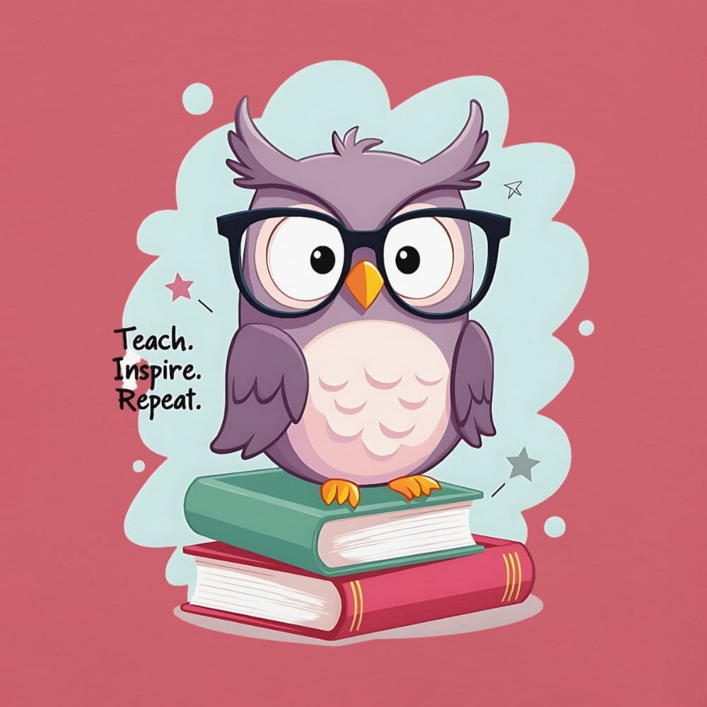 Cute purple owl with glasses sitting on stacked books, with quote "Teach. Inspire. Repeat." – printed on a teacher t-shirt