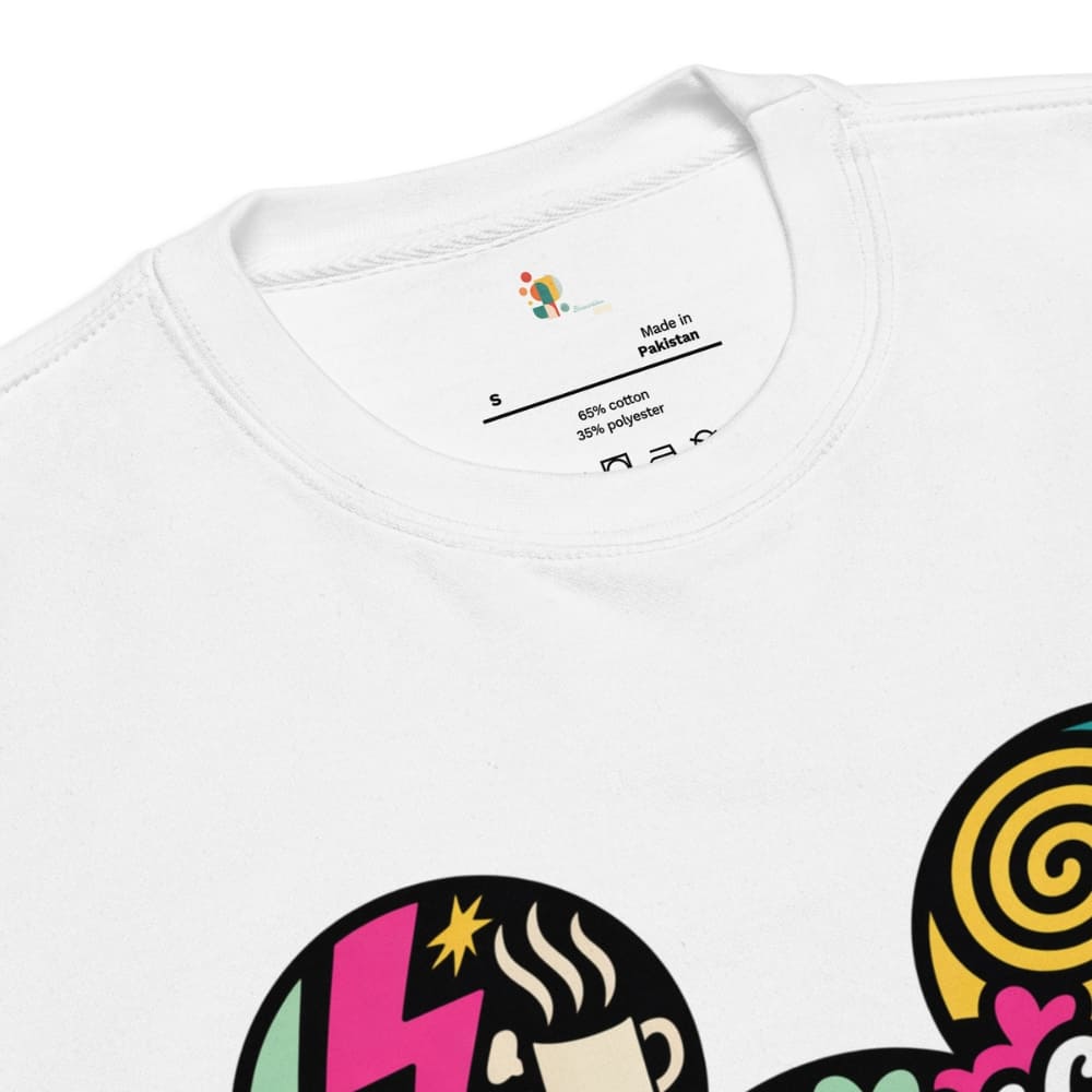 White t-shirt with colorful graphics and text on a white background