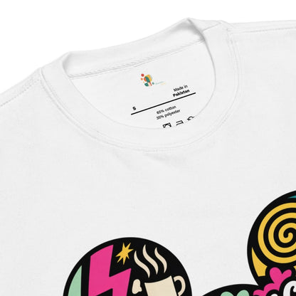 White t-shirt with colorful graphics and text on a white background
