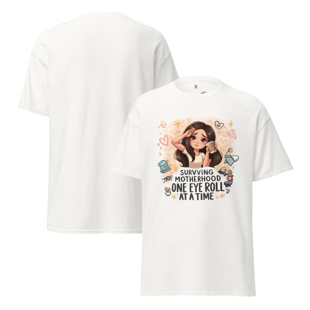 White t-shirt with cartoon character and text on a white background