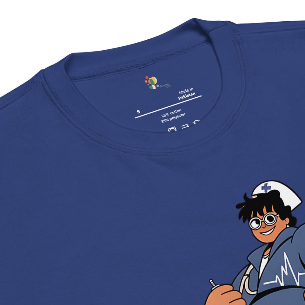 Blue t-shirt with a cartoon character of a nurse on a white background