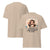 Beige t-shirt with cartoon character and text on a white background