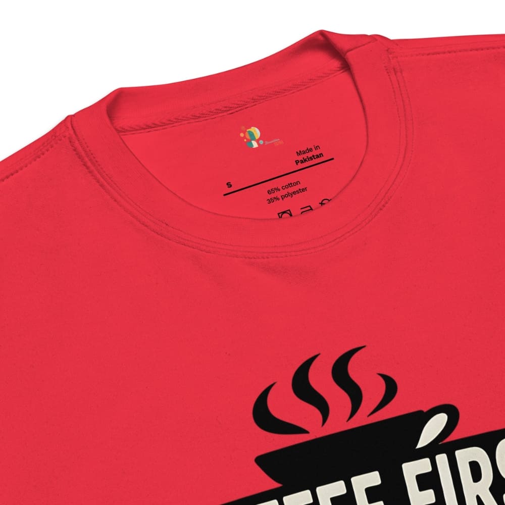 Red t-shirt with black coffee cup graphic and 'Coffee First' text on a white background