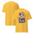 Yellow t-shirt with a graphic design on the front, displayed on a white background.