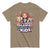 Brown t-shirt with colorful graphic and text on a white background
