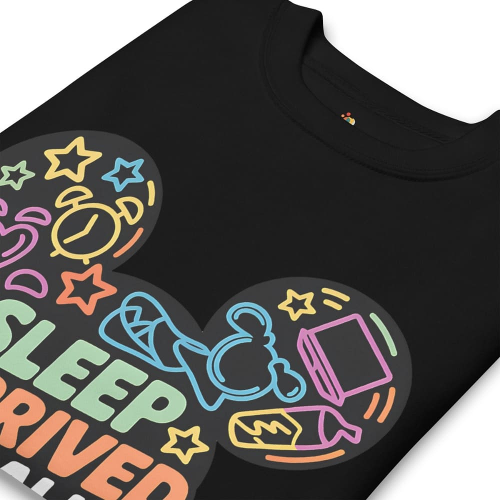 Black t-shirt with colorful graphic design and text on a white background