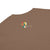 Brown t-shirt with a colorful logo on the chest against a white background