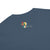 Navy blue t-shirt with a colorful logo on the chest against a white background