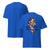 Blue t-shirt with a cartoon character and text on a white background
