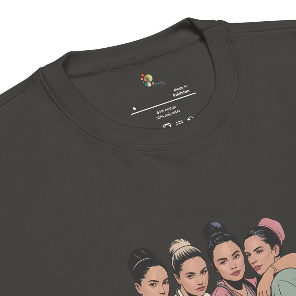 Black t-shirt with graphic design of four women on a white background