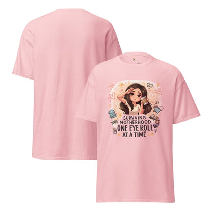 Pink t-shirt with cartoon character and text on a white background