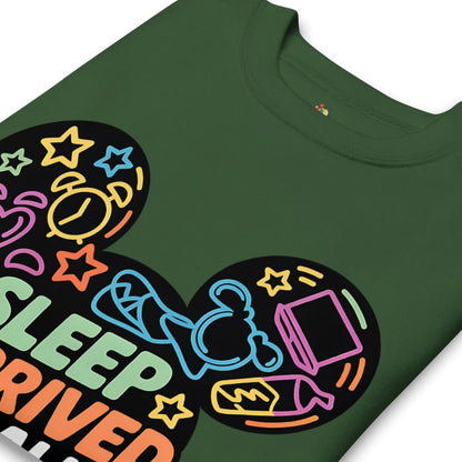 Green t-shirt with colorful graphic design and text on a white background