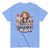 Light blue t-shirt with a colorful graphic and text on a white background