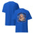 Blue t-shirt with a graphic design of a woman holding a coffee cup and text 'Mommin' Hard, Latteatin' Harder' on a white background.