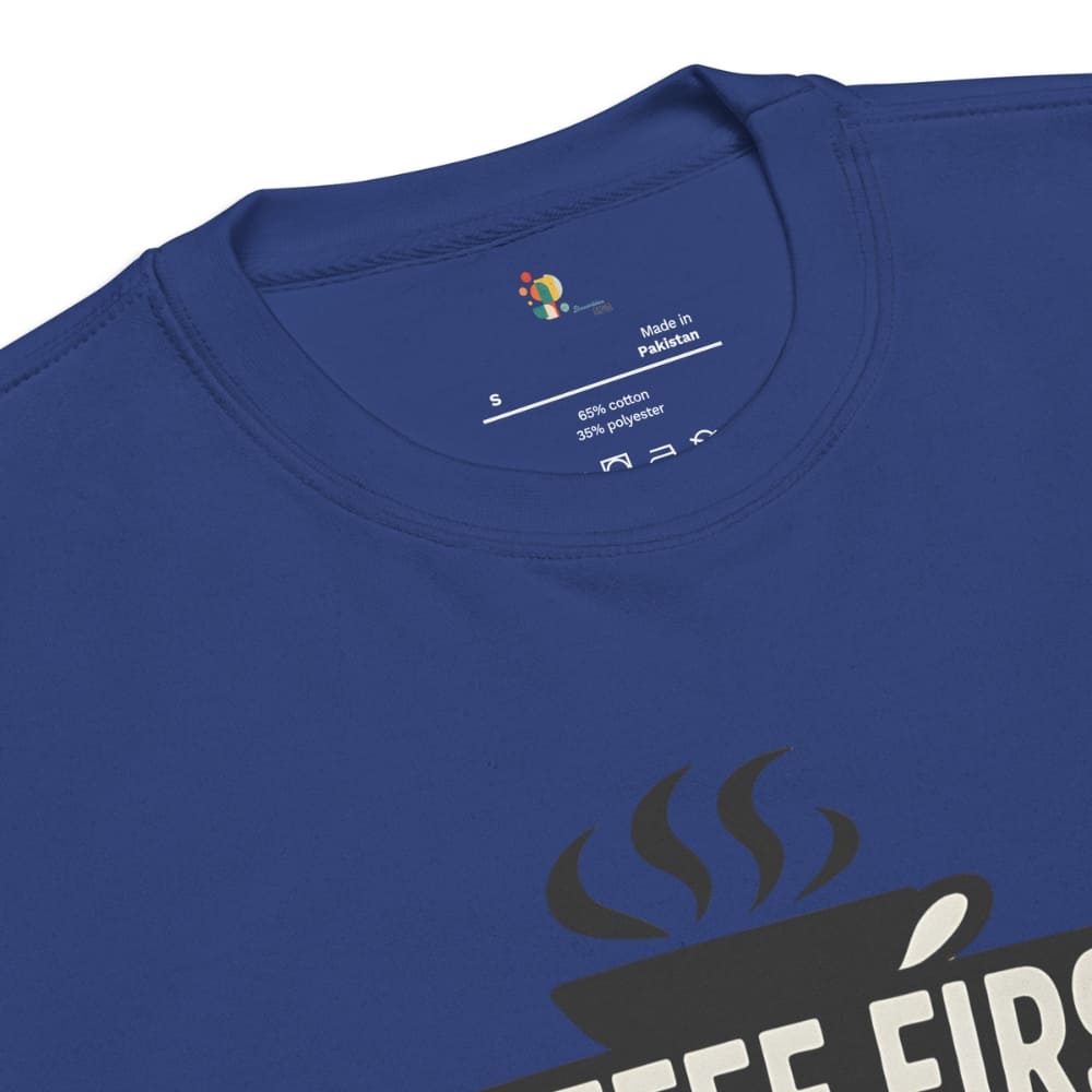 Blue t-shirt with a coffee design and text on a white background