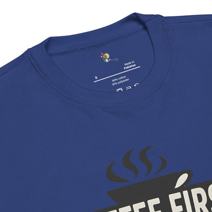 Blue t-shirt with a coffee design and text on a white background