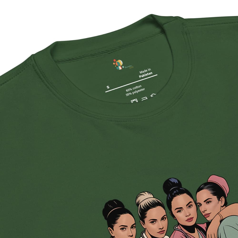 Green t-shirt with illustrations of four women on a white background