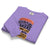 Folded purple sweatshirt with text design on a white background