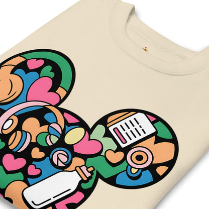 Beige t-shirt with colorful abstract design featuring hearts, bottles, and other shapes.