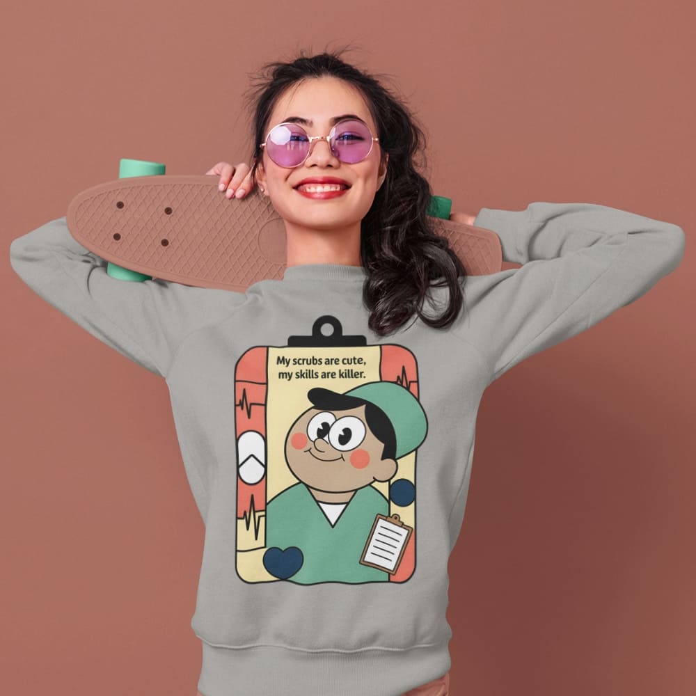 Woman wearing a sweatshirt with a cartoon character design, holding a skateboard against a brown background