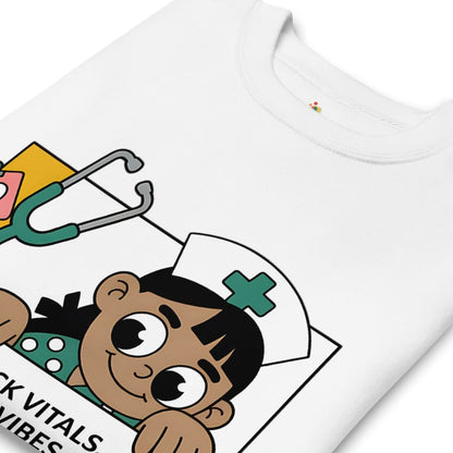 White t-shirt with a cartoon nurse design featuring a stethoscope and text.