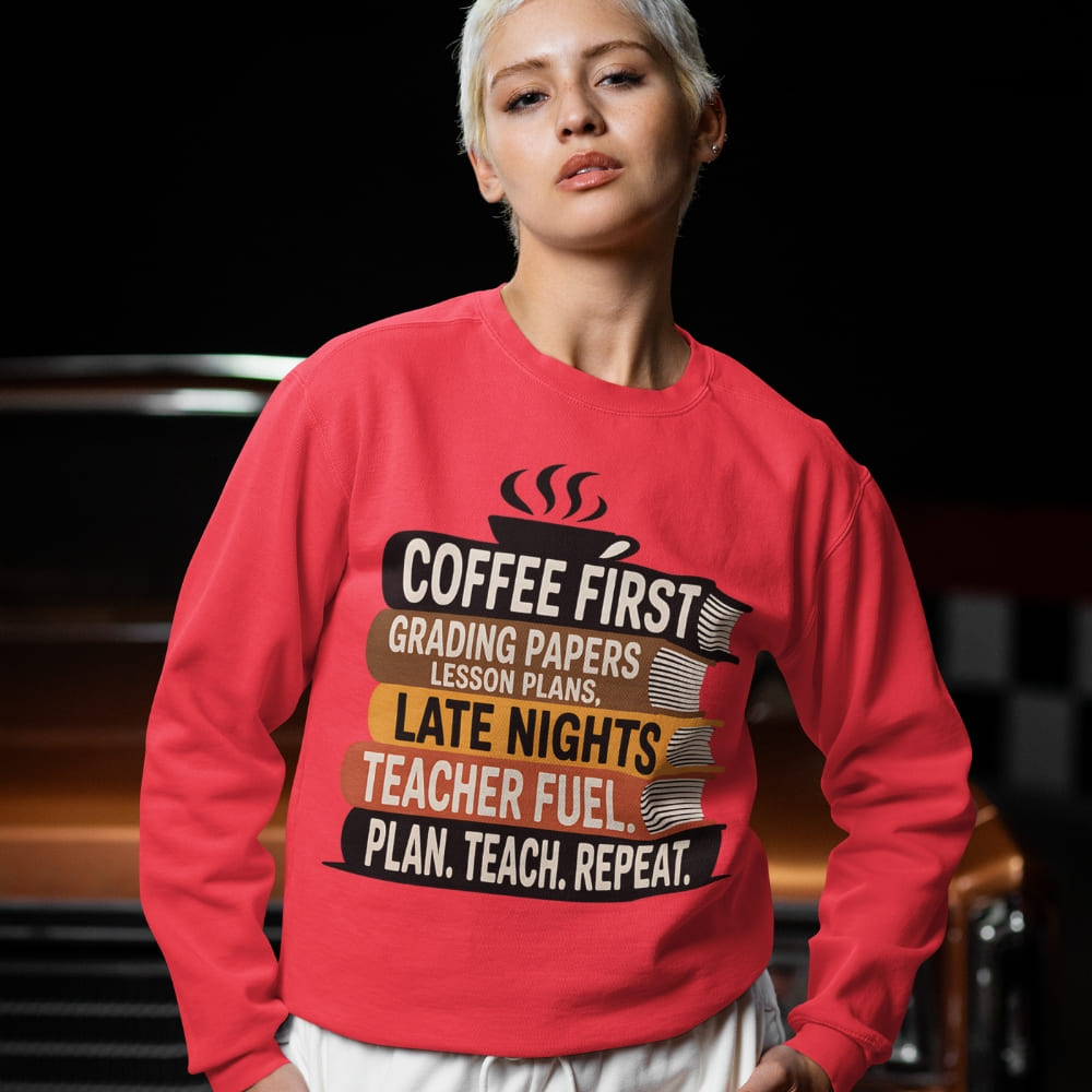 Person wearing a red sweatshirt with humorous text design.