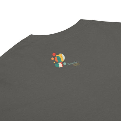 Gray t-shirt with a colorful logo on the chest against a white background