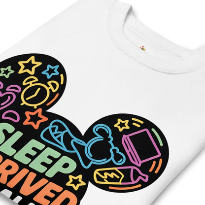 White t-shirt with colorful graphic design featuring text and symbols on a white background
