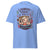 Light blue t-shirt with a graphic design featuring a cartoon woman and text on a white background