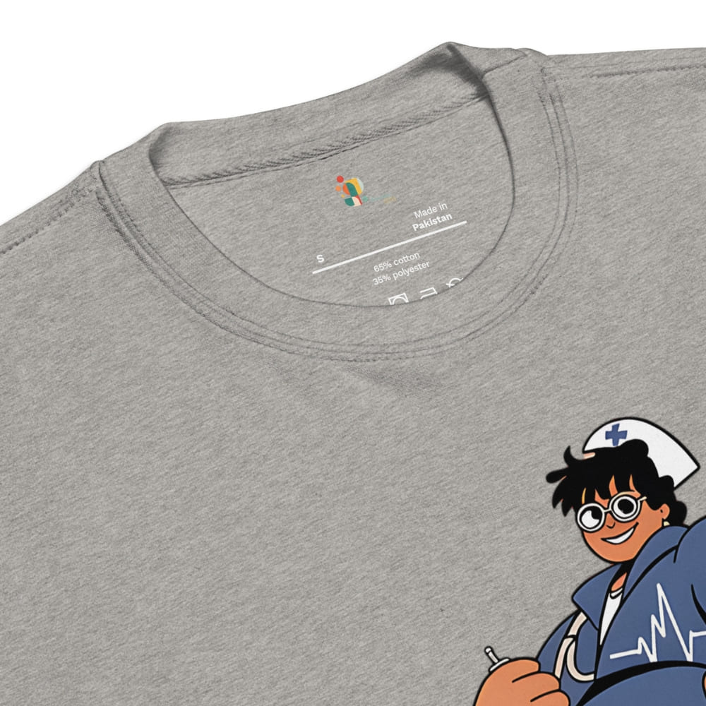 Gray t-shirt with a cartoon character of a nurse on the sleeve