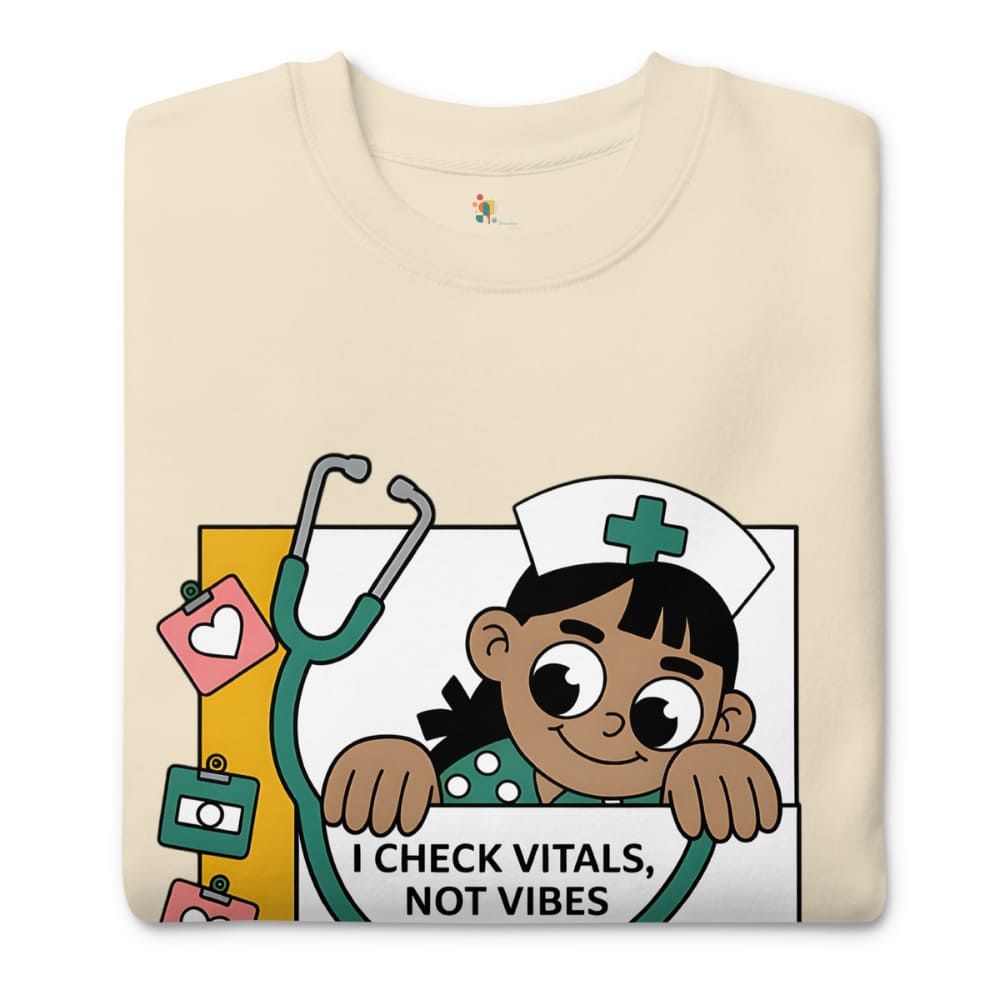 Beige t-shirt with a cartoon nurse design and text on a white background