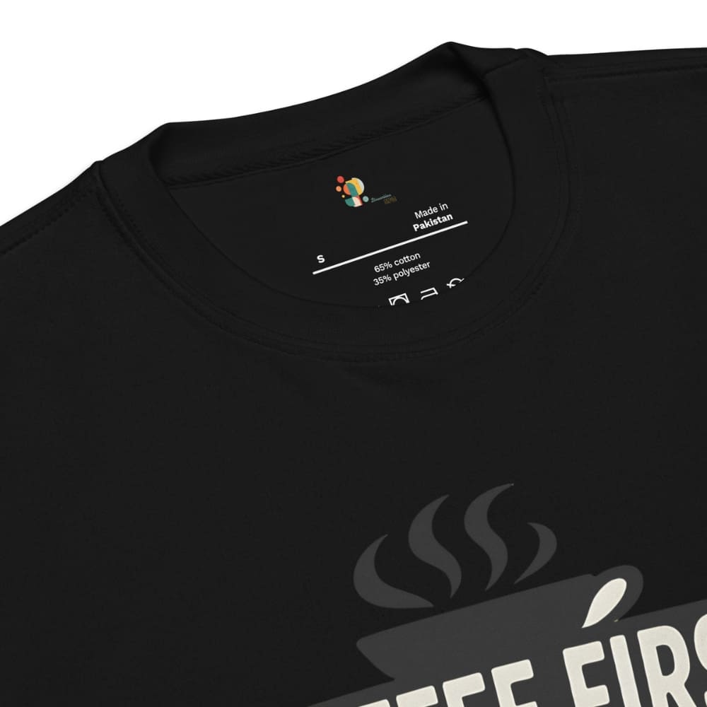 Black t-shirt with text and graphics on a white background