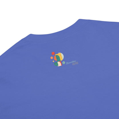 Blue t-shirt with a colorful balloon design and text on a white background