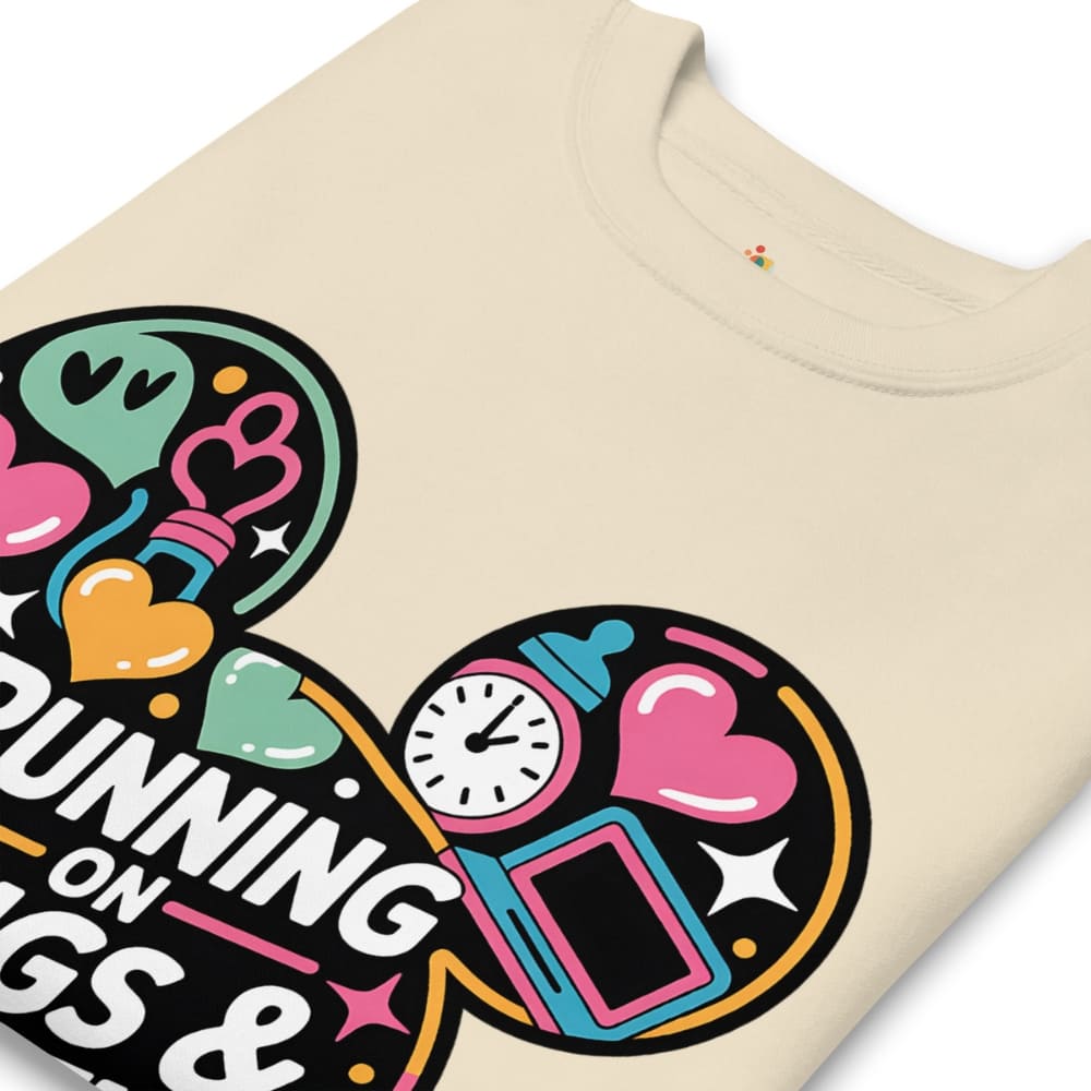 Beige t-shirt with colorful graphic design and text on a white background