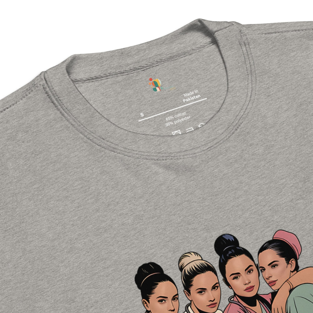Gray t-shirt with illustrations of four women on a white background