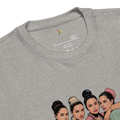 Gray t-shirt with illustrations of four women on a white background