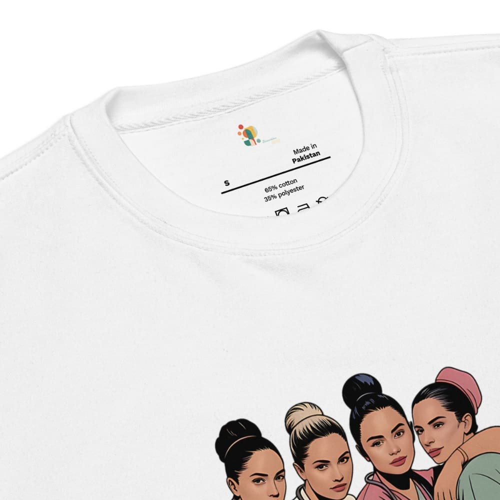 White t-shirt with graphic of four women with hairstyles and brand label on a white background