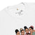 White t-shirt with graphic of four women with hairstyles and brand label on a white background
