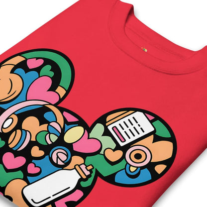 Red t-shirt with colorful graphic design featuring hearts, bottles, and abstract shapes on a white background.