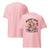 Pink t-shirt with a graphic of a woman holding a coffee cup and text 'Mommin' Hard, Caffeinating Harder' on a white background.