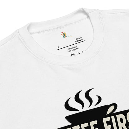White t-shirt with black graphic design and text on a white background