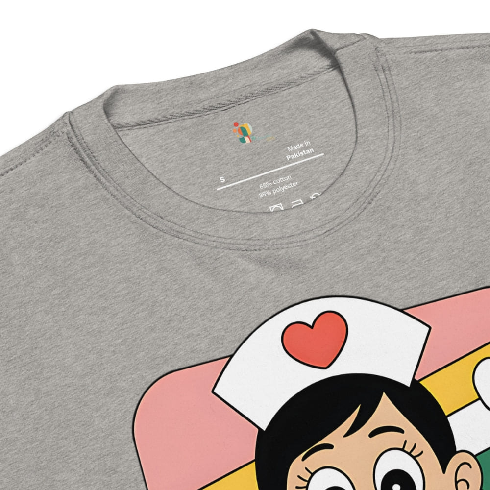 Gray t-shirt with cartoon character wearing a nurse's hat featuring a red heart on a white background.