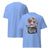 Light blue t-shirt with a graphic design on the front, displayed from front and back views.