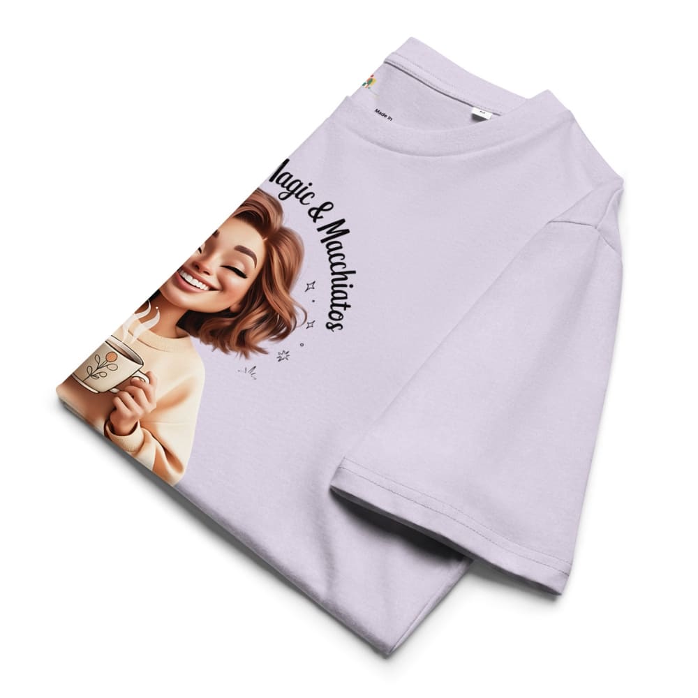 Folded light purple sweatshirt with a graphic of a woman holding a mug and text on a white background