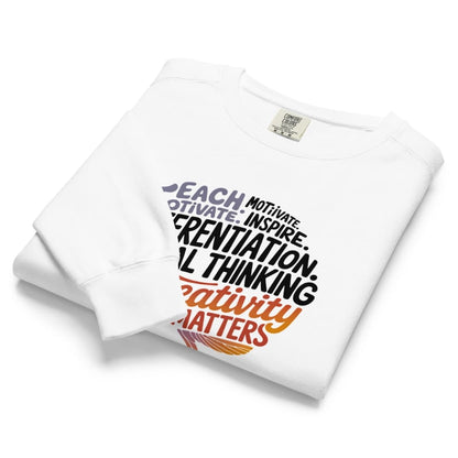 White sweatshirt with motivational text design on a white background
