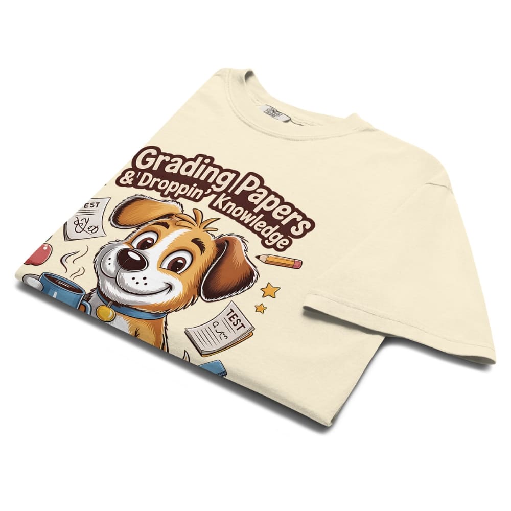 Beige t-shirt with a cartoon dog graphic and text on a white background