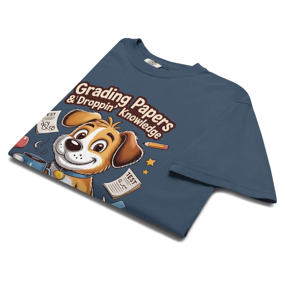 Blue t-shirt with a cartoon dog graphic and text on a white background